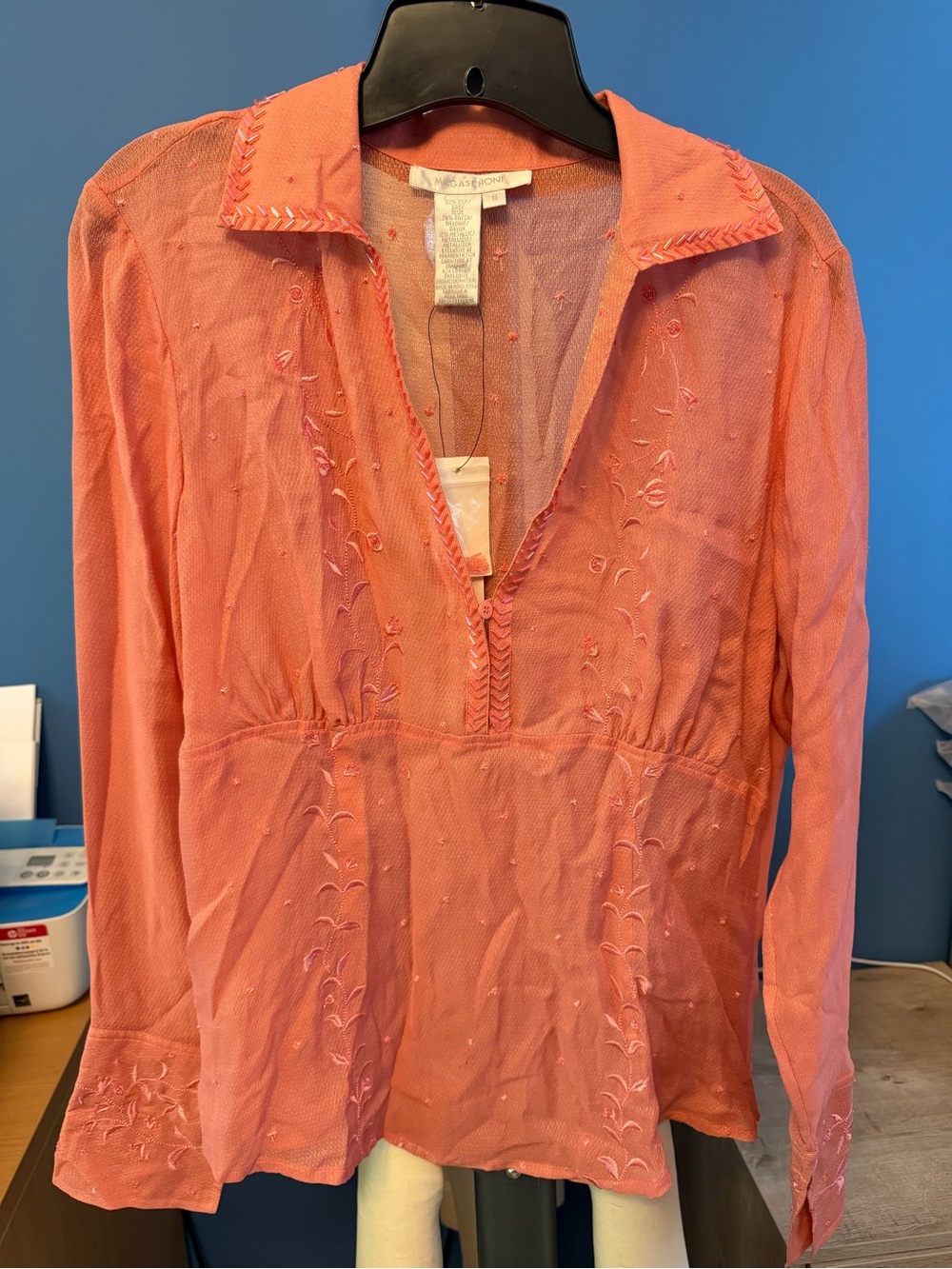 Magaschoni Coral Beaded and Embroidered Sheer V-Neck Blouse